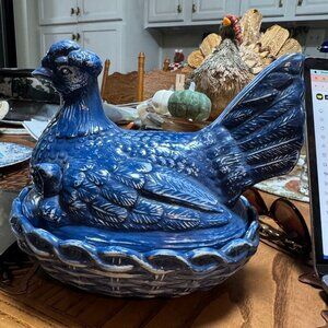 Blue Ceramic Hen on Nest
